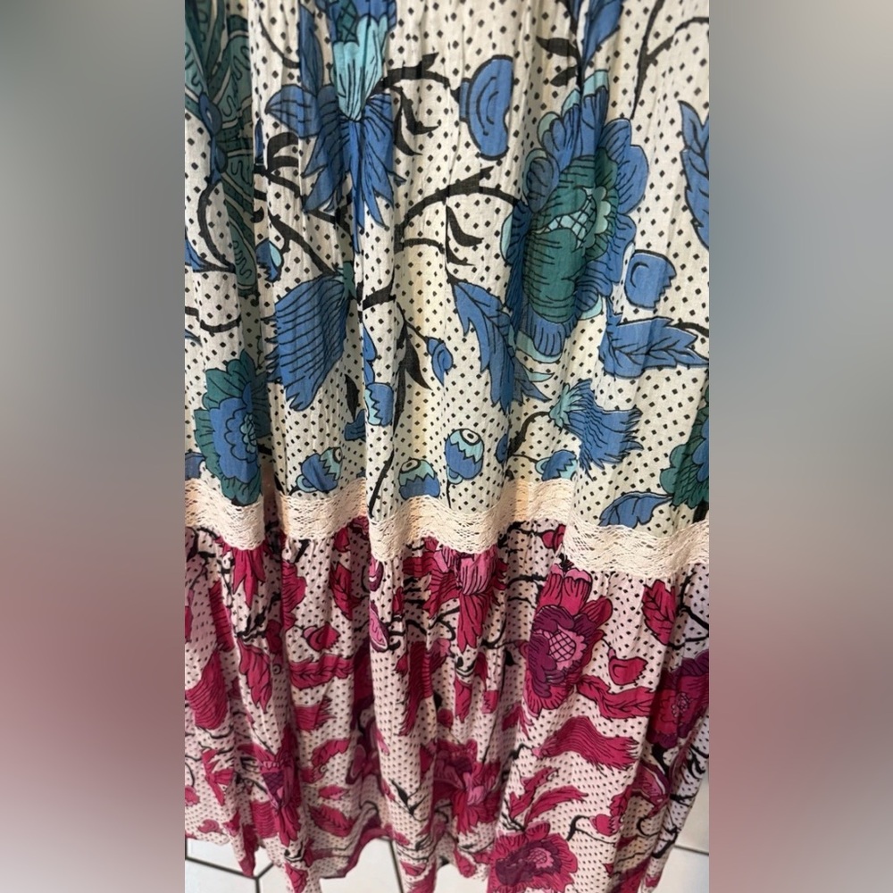 MAGAZINE Strapless Maxi Boho Dress Cotton  Stretchy Top Yellow Blue Fuchia SZ M - Picture 5 of 5